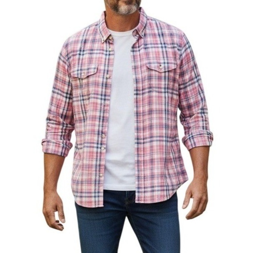 Crown & Ivy Mens XXL Classic Fit Plaid Button Down‎ Shirt Pink Blue Long Sleeve